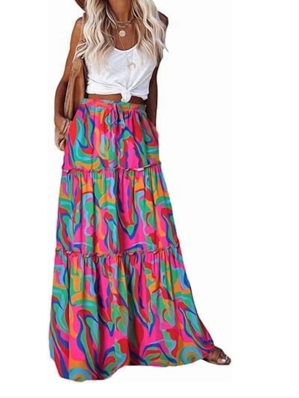 Elastic Waist A Line Midi Skirt Size S/M Drawstring Abstract Colorful Eclectic - Picture 3 of 15